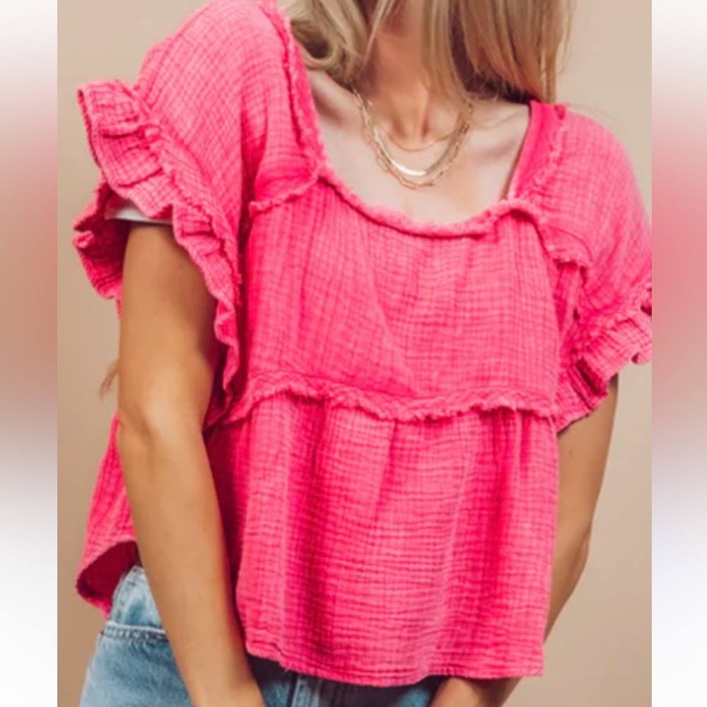 Bibi | Mineral Wash Gauze Ruffle Blouse Deep Square Neck Hot Pink Raw Frayed - Picture 13 of 14